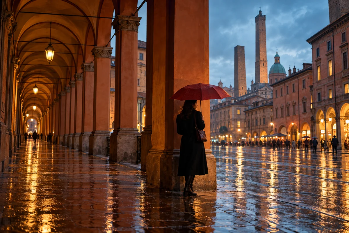 Illustrazione AI: ombrello rosso, pioggia e portici di Bologna