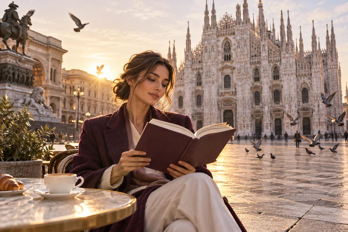 Libro e lettore davanti al Duomo di Milano